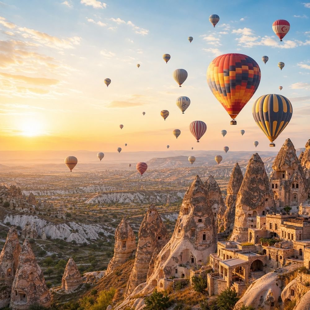 Hot air balloons over Cappadocia at sunrise