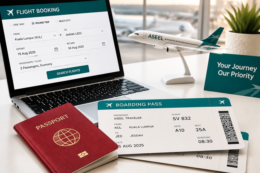 Airport departure scene with boarding passes and luggage